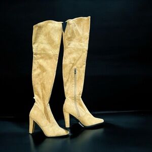 Shoe'N Tale Stretch Suede Chunky Heel Over The Knee Boots Thigh High Brown